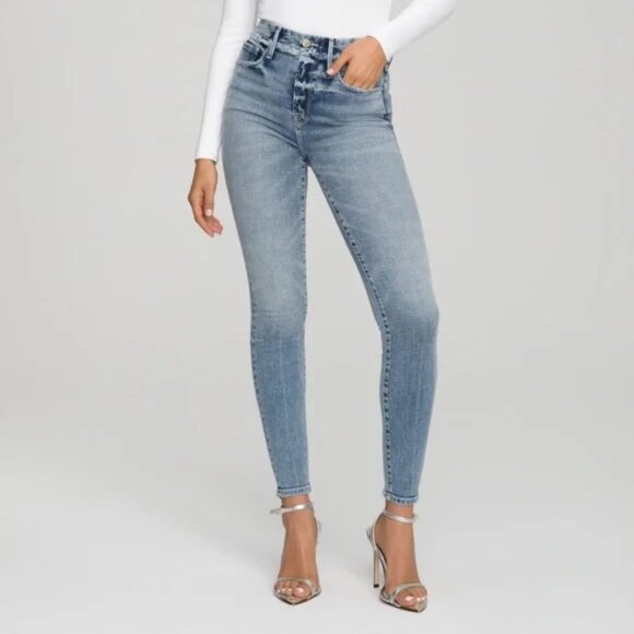 NWT Good American Good Waist Extreme Deep V Skinny Jeans Distressed in Blue630 - Picture 1 of 16